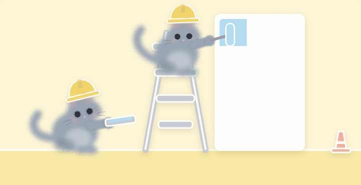 A grey cat on a stepladder rolling blue paint onto a wall while another holds the tray