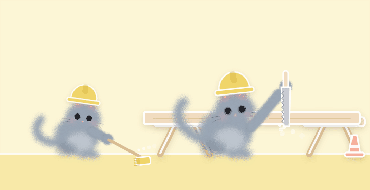 A grey cat sawing a plank on two sawhorses while another sweeps up the sawdust