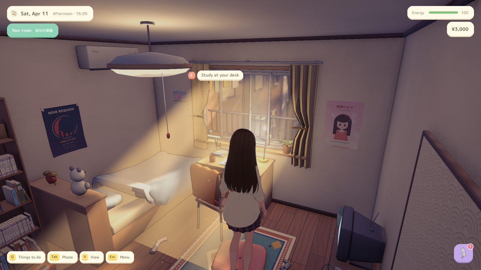 The bedroom in Unity at golden hour, with light through the window