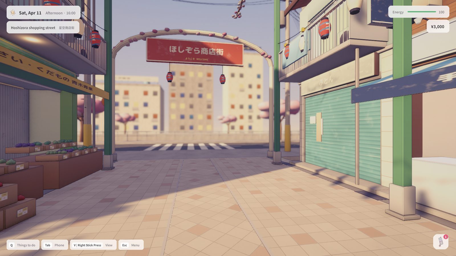 The shopping arcade seen in first person