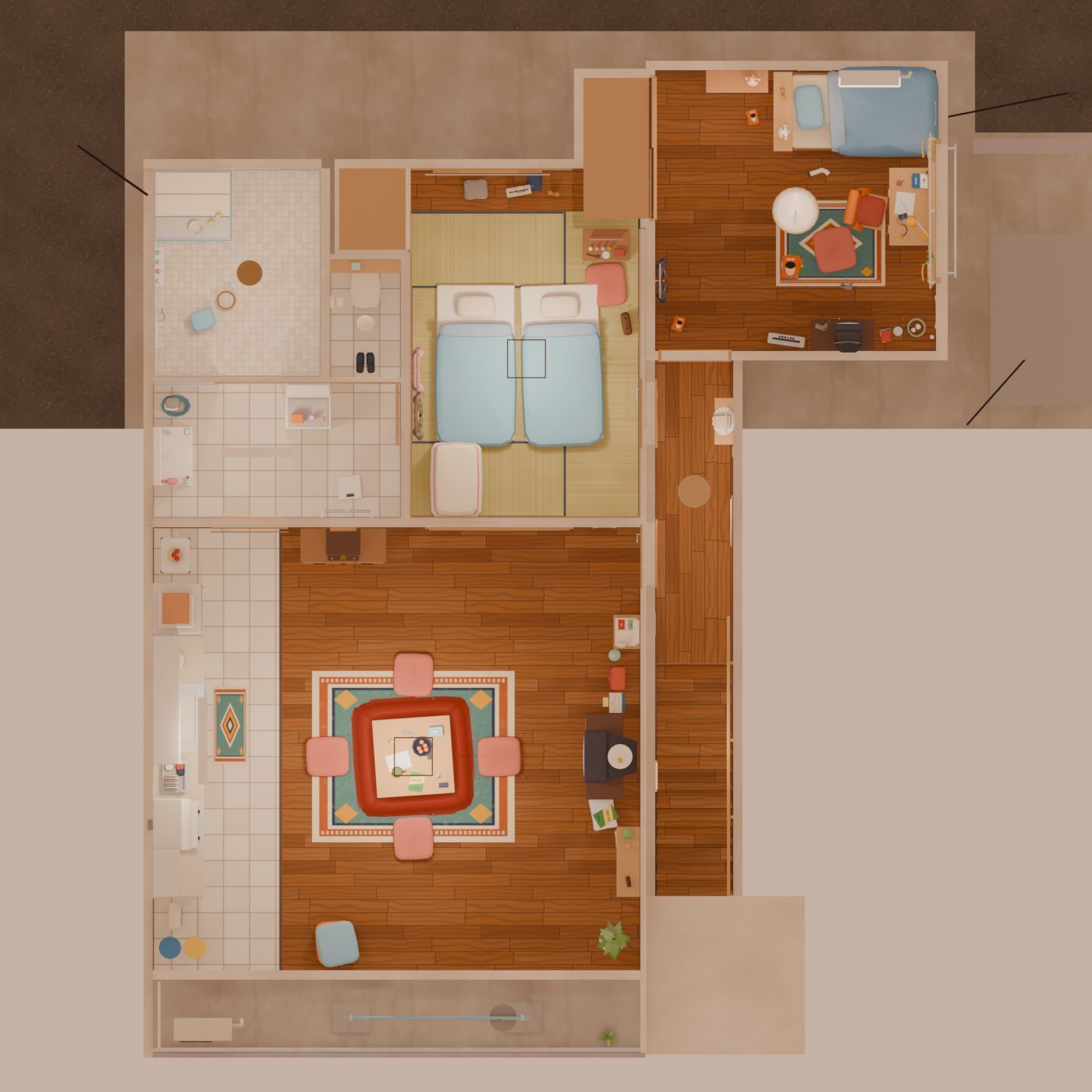 Top-down view of the multi-room home