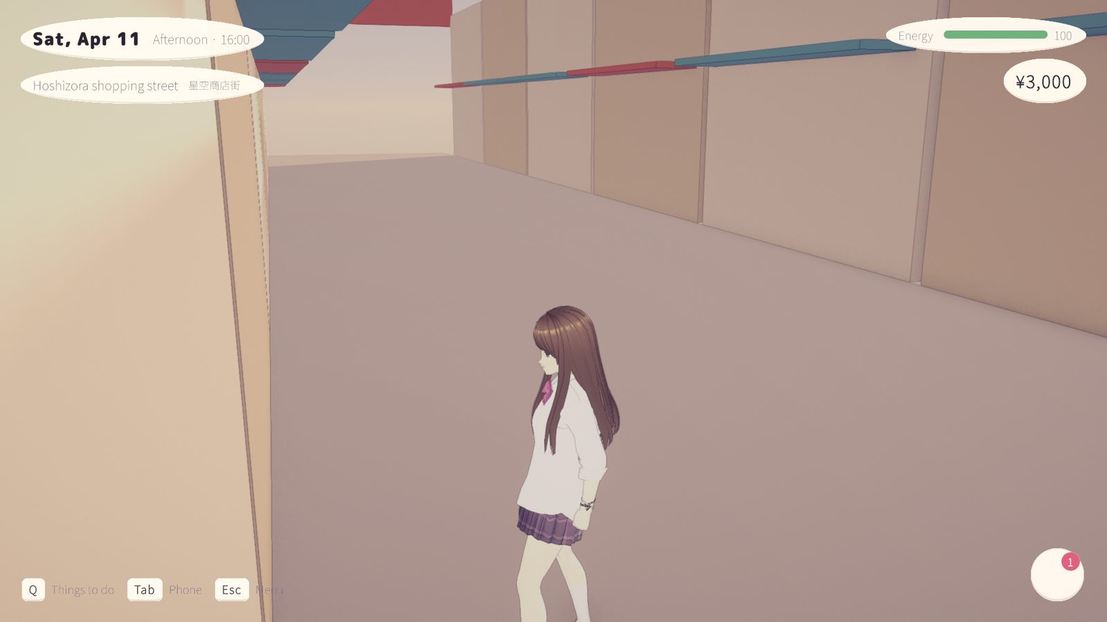 The first street: gray boxes, with the character and the HUD