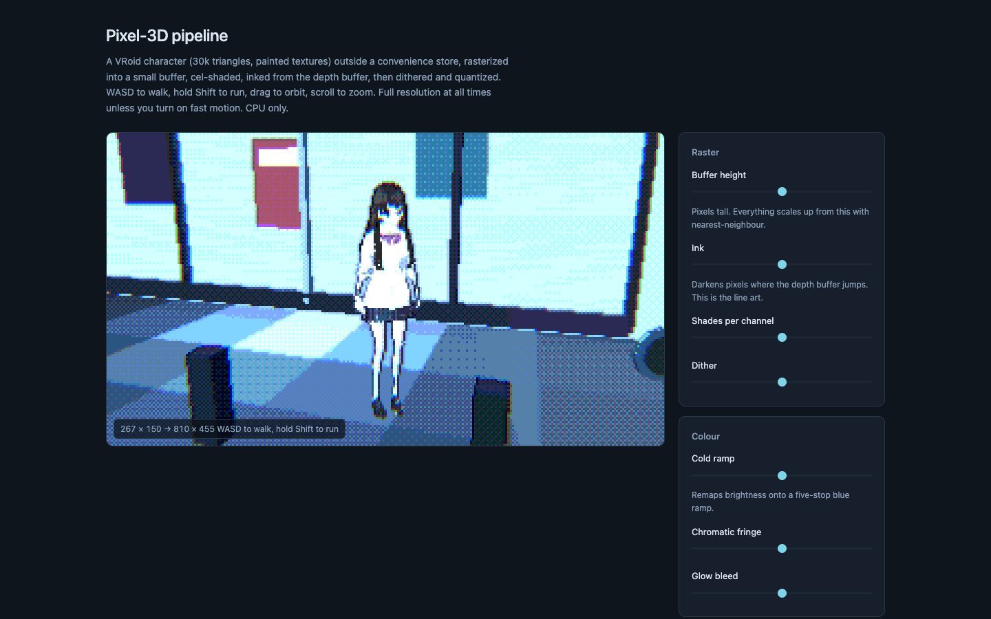 The browser prototype: a pixelated character drawn on the CPU